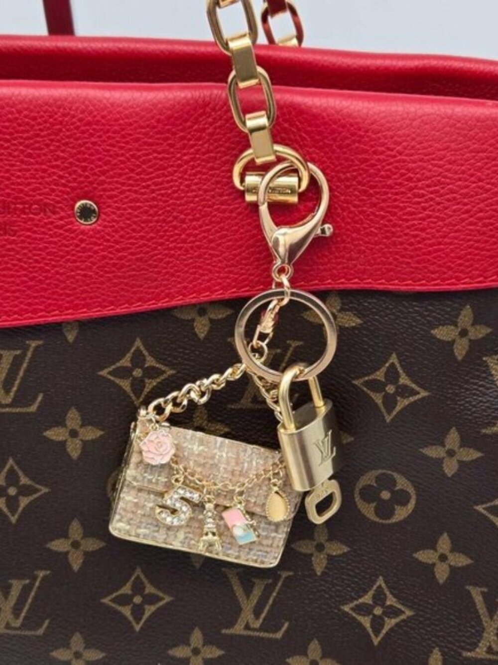 Authentic Louis Vuitton Padlock & Key Gold ✨Unbranded Tweed Bag Charm Keychain - Picture 10 of 10